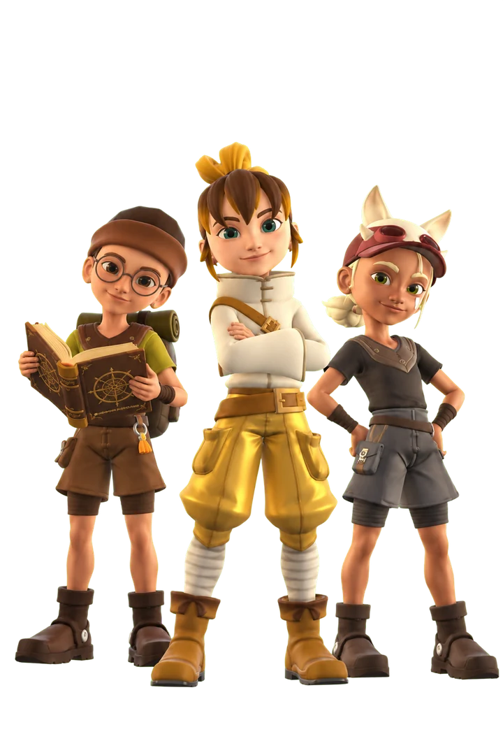 Trois jeunes mages côte à côte dans leurs tenues d’aventure