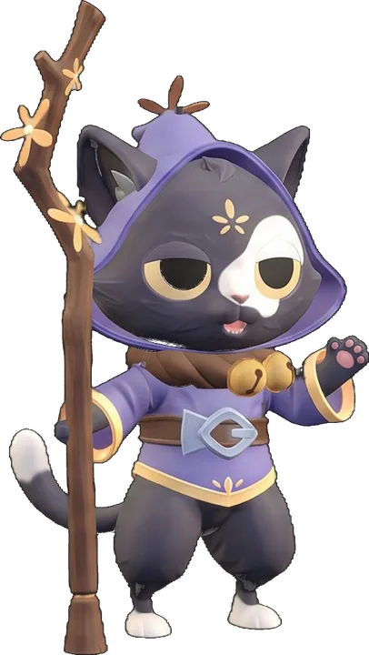 Pip, un chat mage en robe violette, qui salue avec un bâton fleuri
