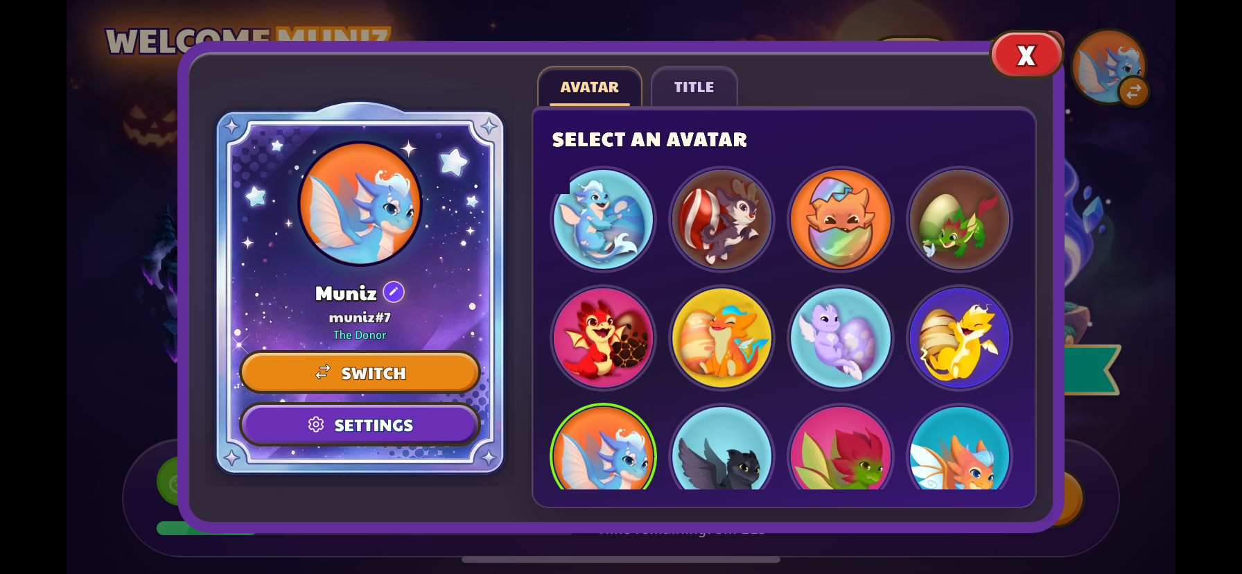 Step 2: player profile panel with the purple Settings button