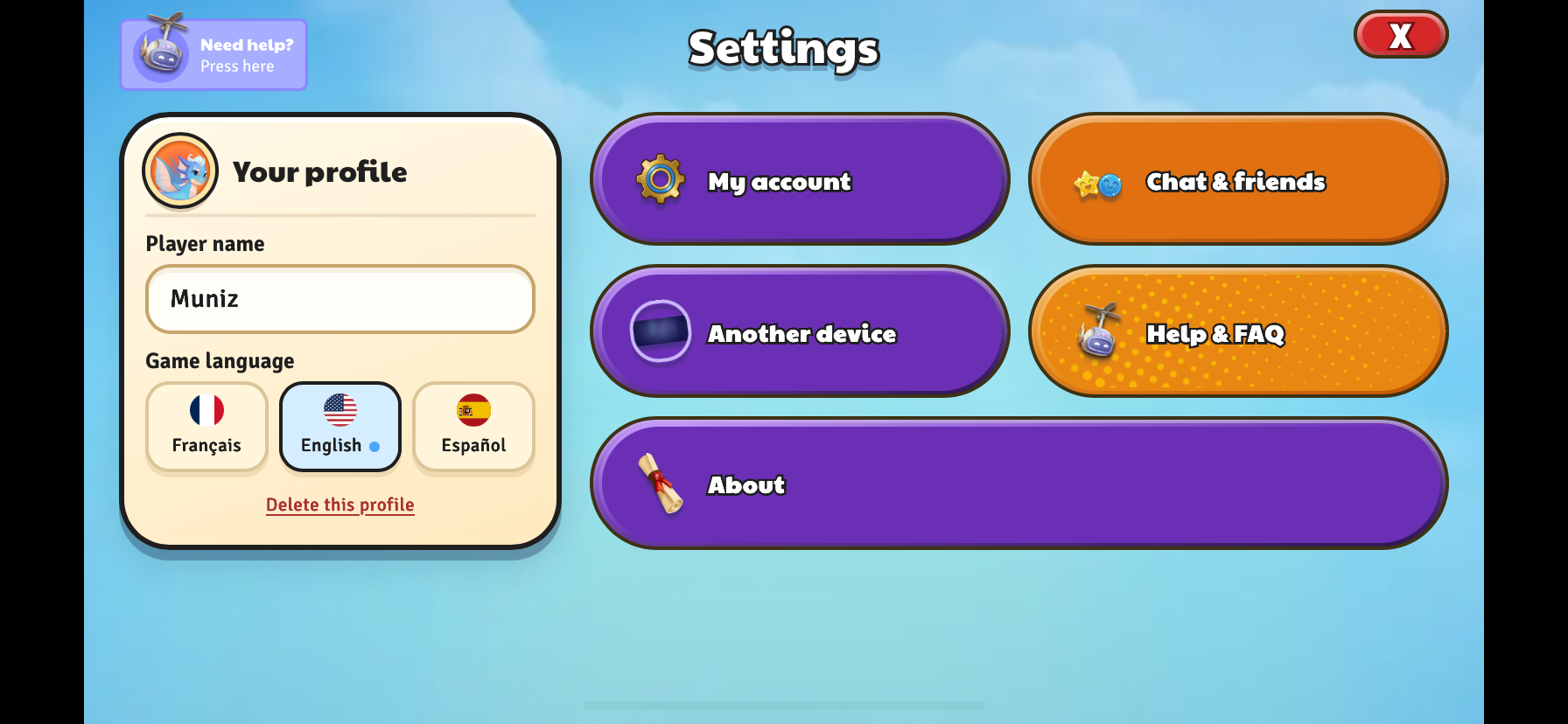 Step 3: Settings screen with the About button at the bottom