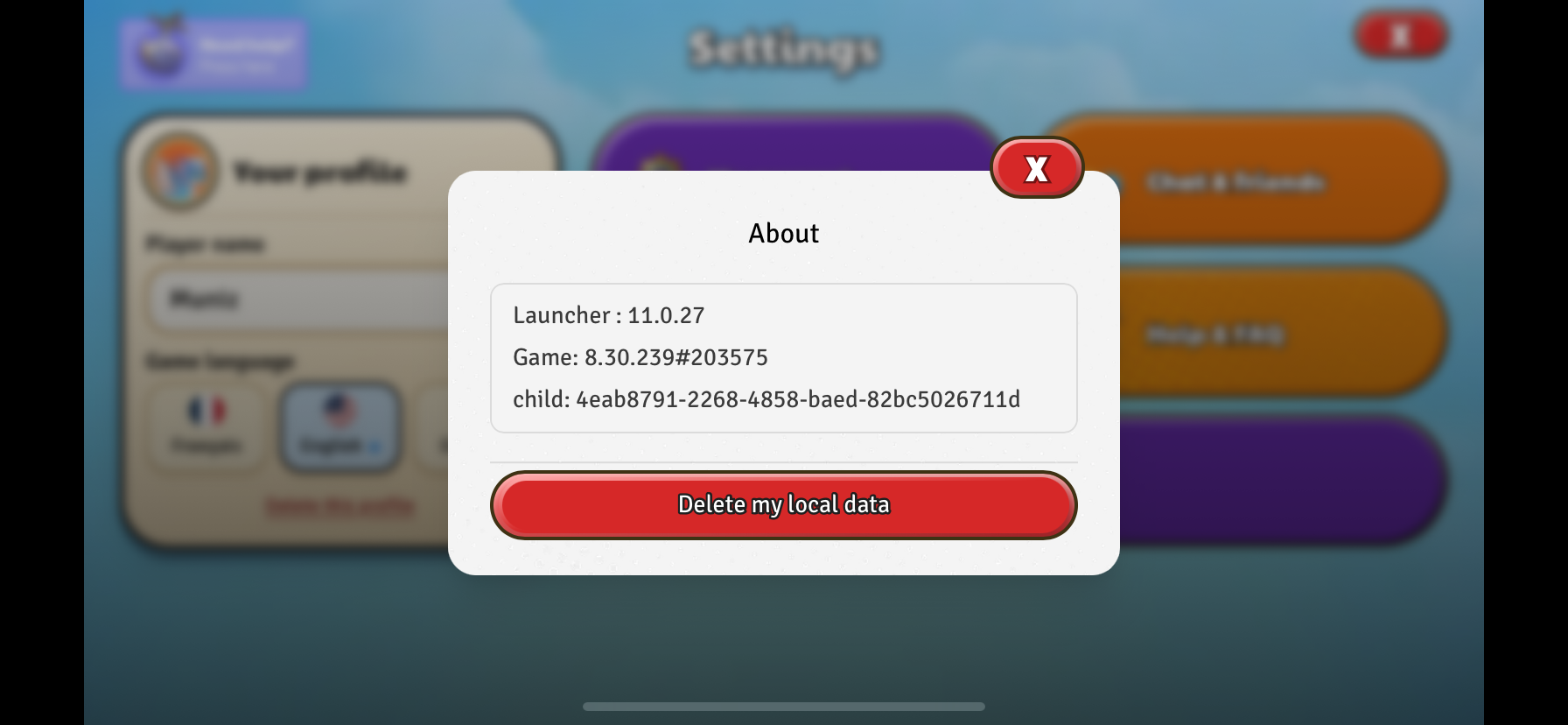 Step 4: About window showing the launcher version, game version and player profile identifier