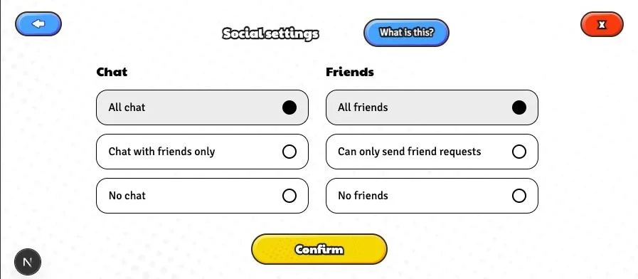 Ajustes sociales de PowerZ con el chat y los amigos en abierto, y opciones para restringir o desactivar cada función