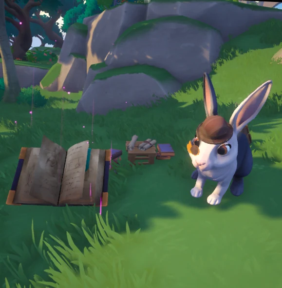 A rabbit guide beside an open storybook in the Philosophy Quest